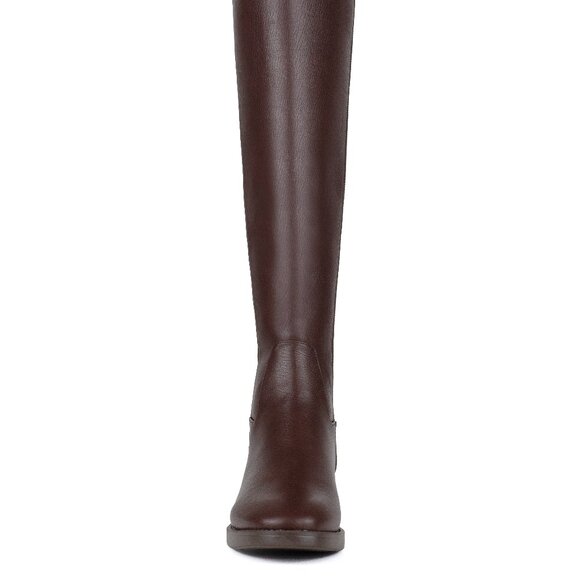 Stylish Modern Fashion Stretchy Leather Knee High Brown Riding Flat Boots - Picture 7 of 9